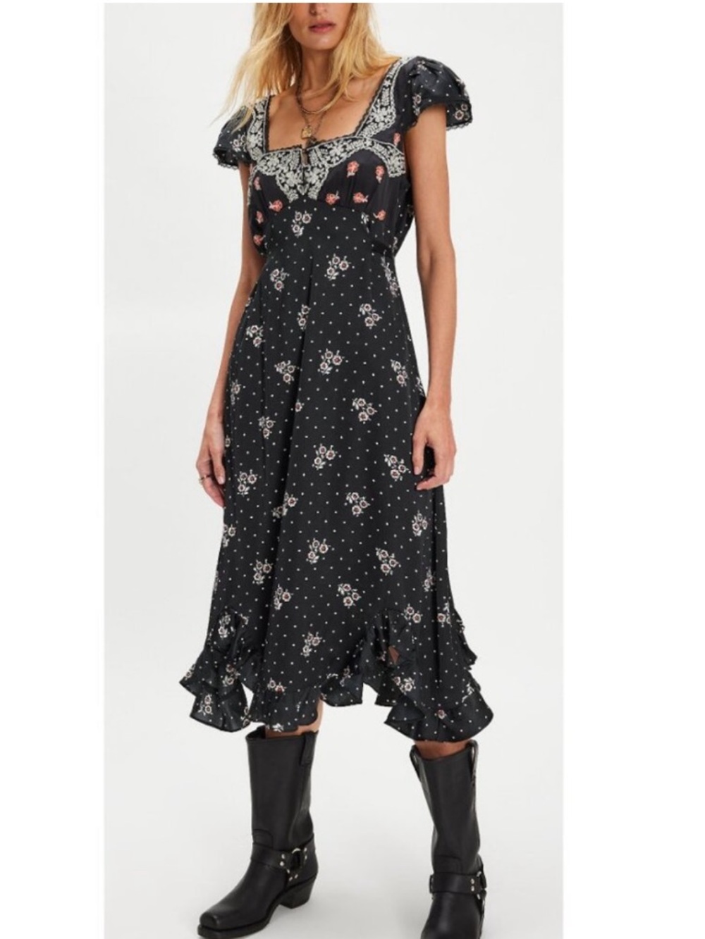 NWT Free People Haven Embroidered Lace Trim Satin Midi Dress
